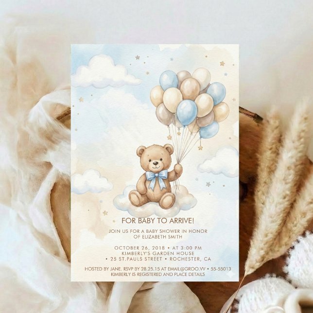 Teddy Bear Baby Shower with Brown Sage Balloons Einladung (Von Creator hochgeladen)