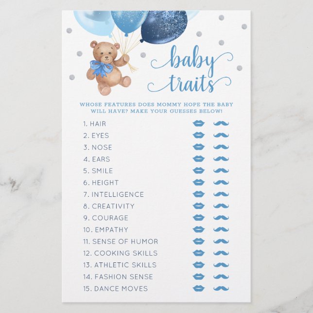 Teddy Bear Baby Tracks Game Baby Shower (Vorderseite)