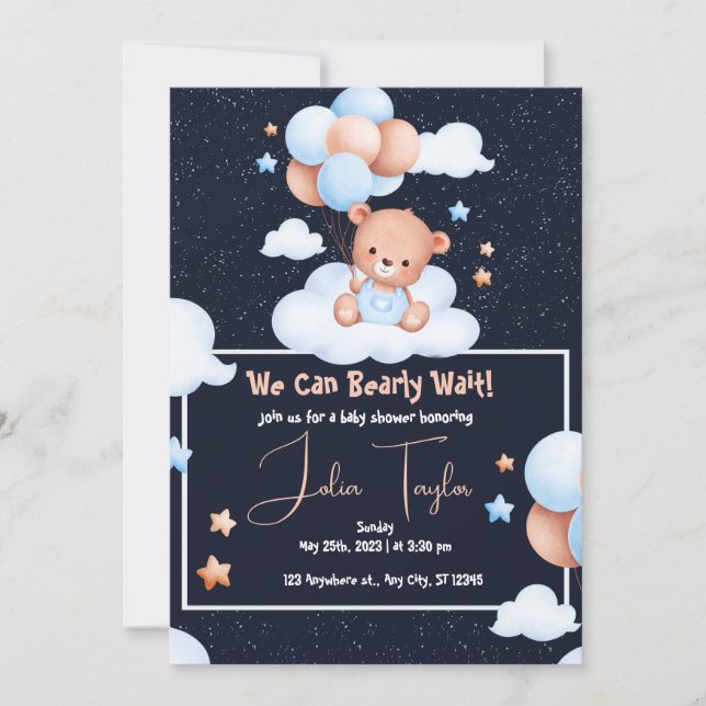 Teddy Bear Ballon Bearly Wait neutrale Baby Dusche Einladung (Vorderseite)