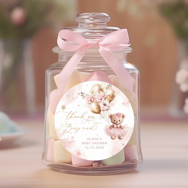 Teddy Bear Ballon Bearly Wait Pink Baby Dusche Runder Aufkleber (Von Creator hochgeladen)