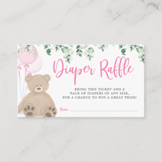 Teddy Bear Ballon Eukalyptus Diaper Raffle Girl Begleitkarte (Vorderseite)