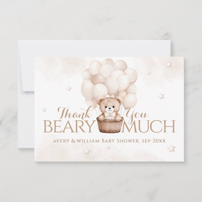Teddy Bear Ballon Neutral Baby Dusche Dankeskarte (Vorderseite)