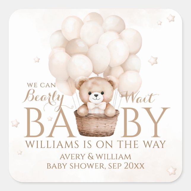 Teddy Bear Ballon Neutral Baby Dusche Quadratischer Aufkleber (Vorderseite)