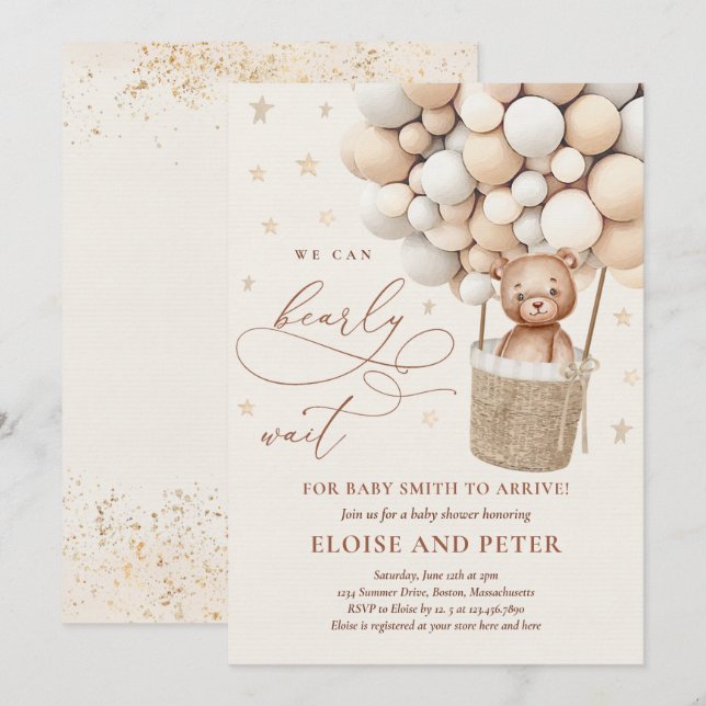 Teddy Bear Ballon Neutral Bearly Wait Baby Shooter Einladung (Vorne/Hinten)