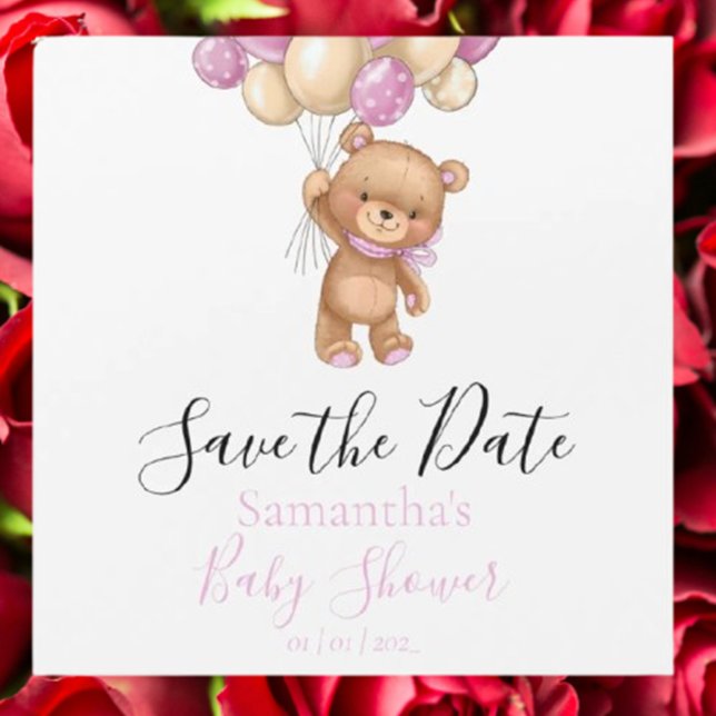 Teddy Bear Ballon Pink Baby Dusche Save the Date Magnetkarte (Celebrate your special day with our Teddy Bear Balloon Pink Baby Shower Save the Date)