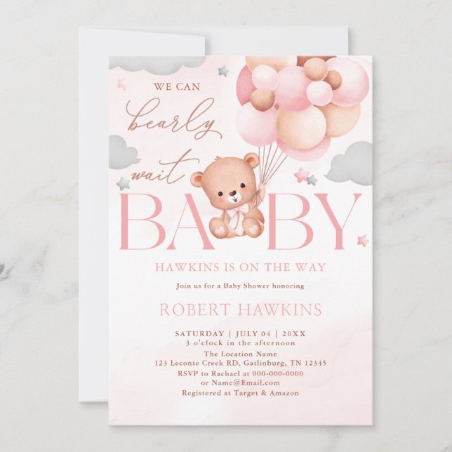 Teddy Bear Ballon Pink Bearly Wait Baby Dusche Einladung (Vorderseite)