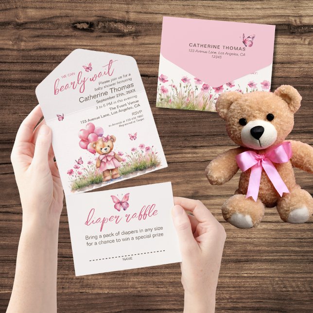 Teddy Bear Ballon Pink Butterfly Girl Babydusche All In One Einladung (Von Creator hochgeladen)