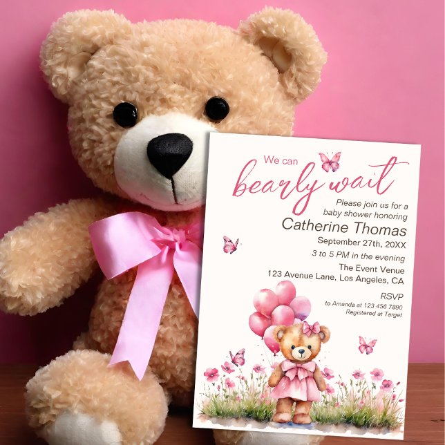 Teddy Bear Ballon Pink Butterfly Girl Babydusche Einladung (Von Creator hochgeladen)