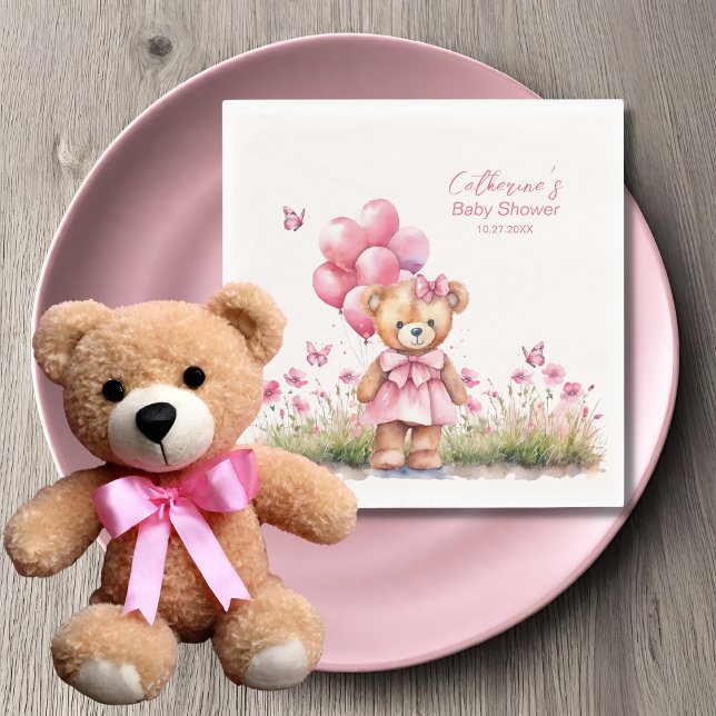 Teddy Bear Ballon Pink Butterfly Girl Babydusche Serviette (Von Creator hochgeladen)