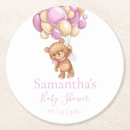 Teddy Bear Ballon White Pink Babydusche Runder Pappuntersetzer