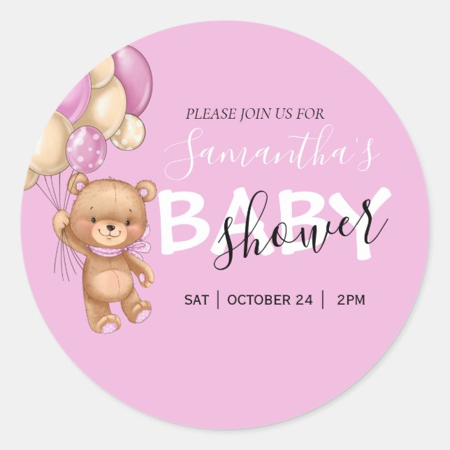 Teddy Bear Balloon Baby Shower Einladungen Klasse Runder Aufkleber (Vorderseite)
