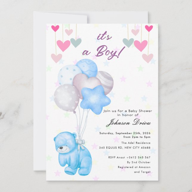 teddy bear balloon baby shower invitation (Devant)