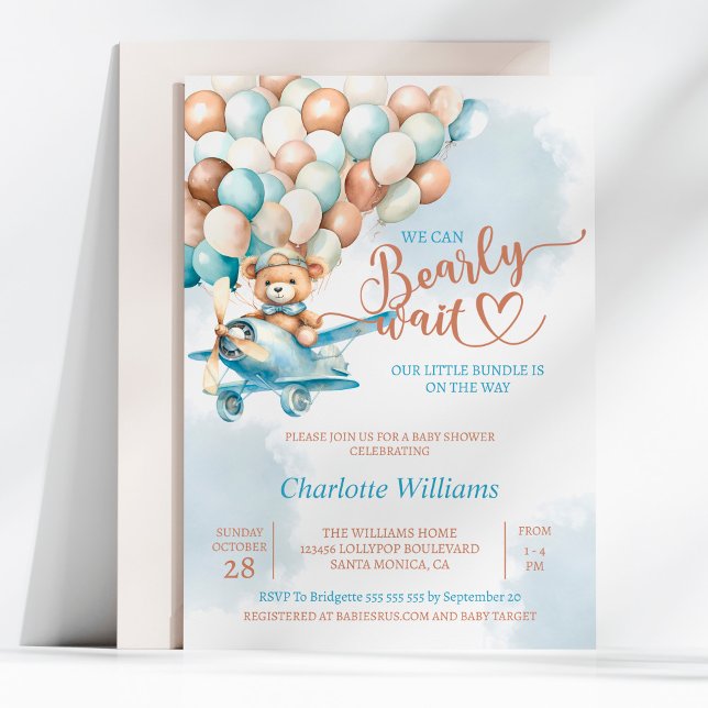 Teddy Bear Balloon Baby Wait Baby Shooter Einladung (We Can Bearly Wait Baby Shower Invitation, We Can Bearly Wait Baby Shower, Blue Teddy Bear, )