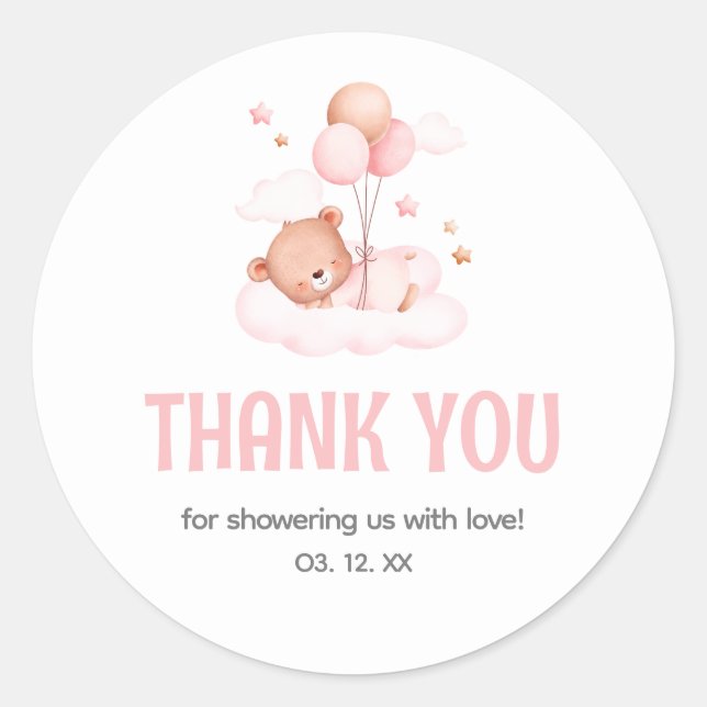 Teddy Bear Balloon Babydusche Danke Runder Aufkleber (Vorderseite)
