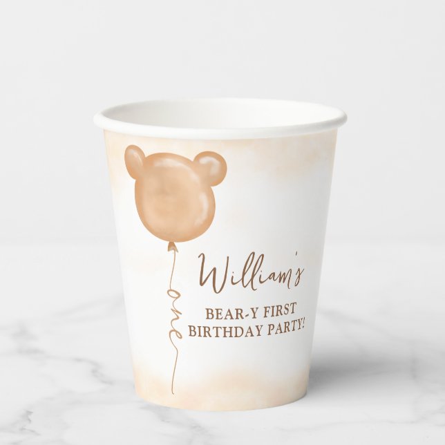 Teddy Bear Balloon Beary First Birthday Party Pappbecher (Vorderseite)