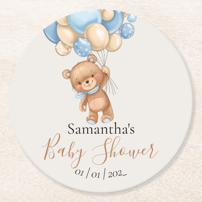 Teddy Bear Balloon Blue Baby Dusche Runder Pappuntersetzer (Vorderseite)