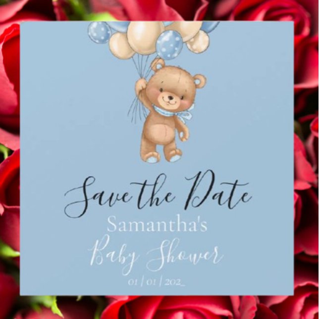 Teddy Bear Balloon Blue Baby Dusche Save the Date Magnetkarte (Announce your special day with this adorable Teddy Bear Balloon Blue Baby Shower Save the Date. )