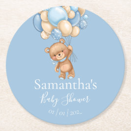Teddy Bear Balloon Blue Babydusche Runder Pappuntersetzer