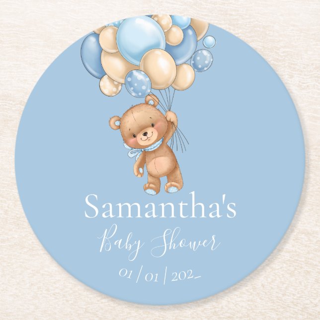 Teddy Bear Balloon Blue Babydusche Runder Pappuntersetzer (Vorderseite)
