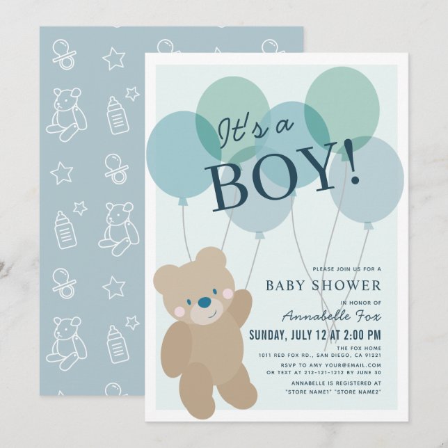 Teddy Bear Balloon Blue Boy Baby Dusche Einladung (Vorne/Hinten)