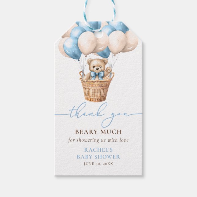 Teddy Bear Balloon Blue Boy Baby Dusche Vielen Dan Geschenkanhänger (Vorderseite)