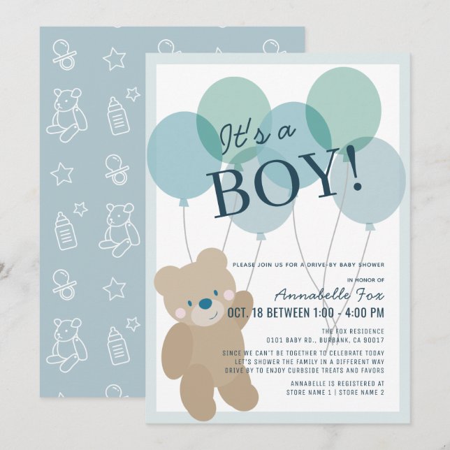 Teddy Bear Balloon Blue Boy Drive by Baby Shower Einladung (Vorne/Hinten)