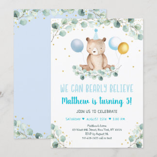 Teddy Bear Balloon Blue Gold Greenery Geburtstag Einladung