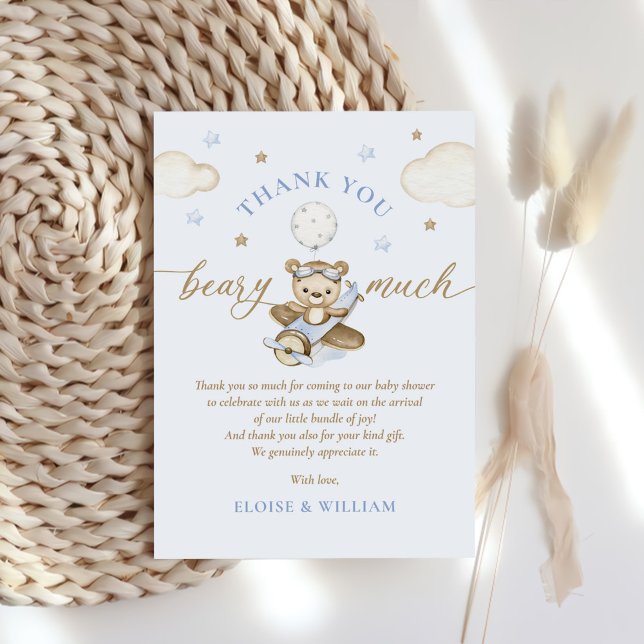 Teddy Bear Balloon Boy Bearly Wait Baby Dusche Dankeskarte (Von Creator hochgeladen)