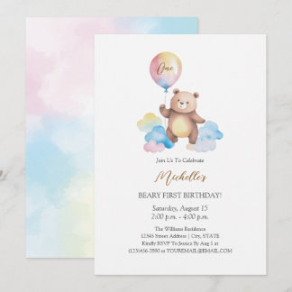 Teddy Bear Balloon Clouds Beary First Birthday Einladung