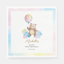Teddy Bear Balloon Clouds Beary First Birthday Serviette