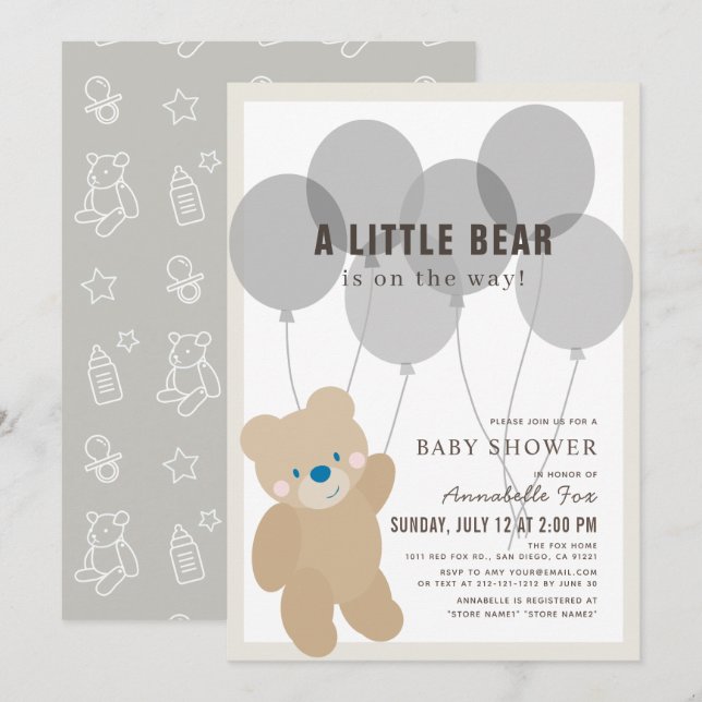 Teddy Bear Balloon Gender Neutral Baby Dusche Einladung (Vorne/Hinten)
