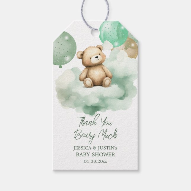 Teddy Bear Balloon Green Gold Baby Dusche Geschenkanhänger (Vorderseite)