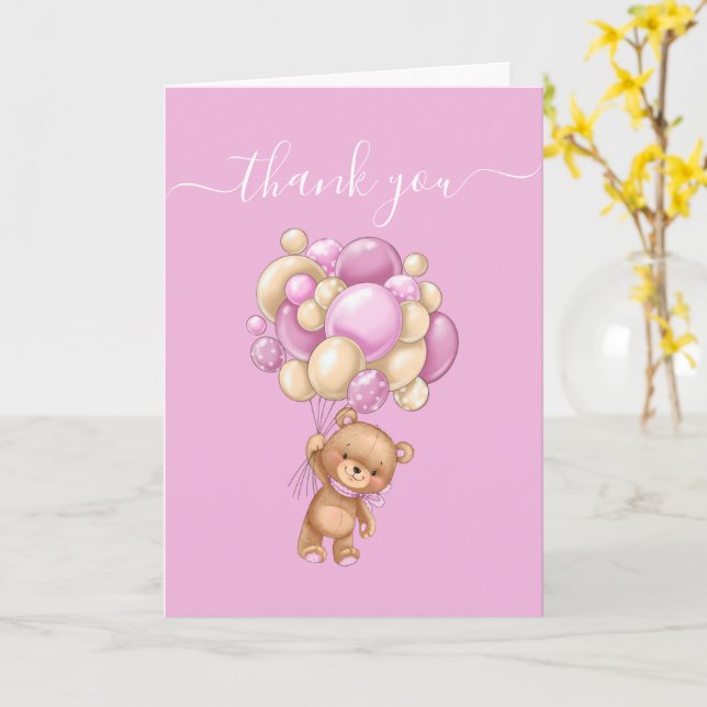 Teddy Bear Balloon PINK Danke Karte (Gelbe Blume)
