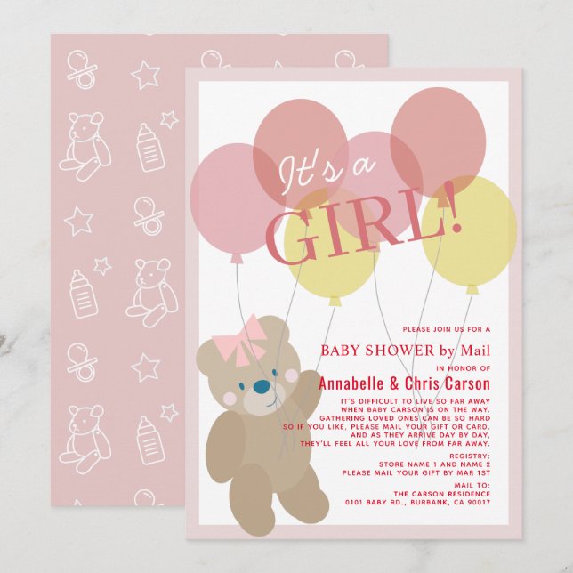 Teddy Bear Balloon Pink Girl Baby Dusche by Mail Einladung (Vorne/Hinten)