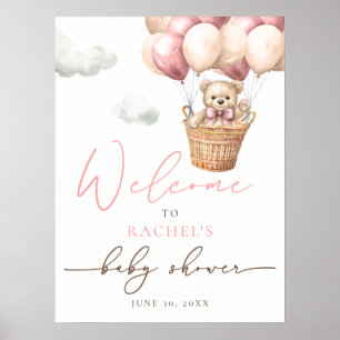 Teddy Bear Balloon   Pink Girl Baby Dusche Willkom Poster