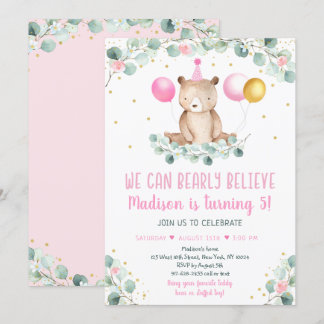 Teddy Bear Balloon Pink Gold Greenery Geburtstag Einladung