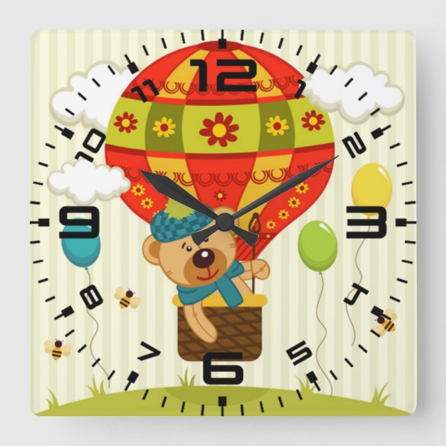 Teddy Bear Balloon Ride Quadratische Wanduhr (Vorderseite)