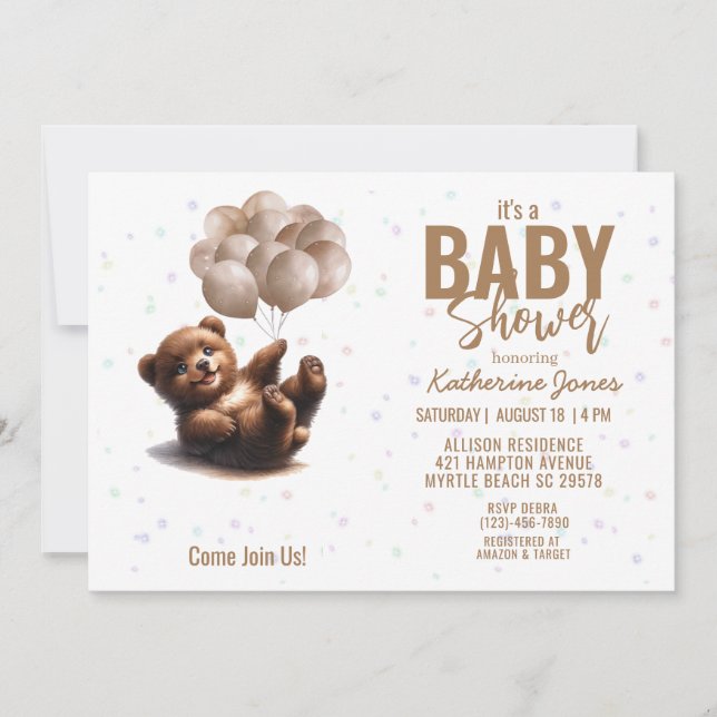 Teddy Bear Balloons Baby Shower Gender Neutral Einladung (Vorderseite)