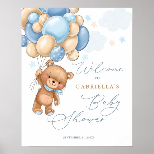 Teddy Bear Balloons Babydusche Begrüßungszeichen Poster (Vorne)