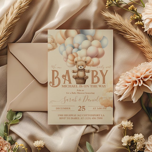 Teddy Bear Balloons Bearly Wait Baby Dusche Einladung (Von Creator hochgeladen)