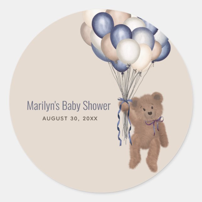 Teddy Bear & Balloons Bearly Wait Blue Baby Dusche Runder Aufkleber (Vorderseite)