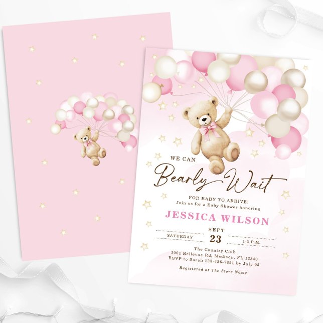 Teddy Bear Balloons Bearly Wait Girl Baby Dusche Einladung (Von Creator hochgeladen)