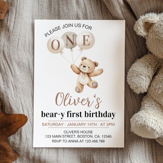 Teddy Bear Balloons Beary First Birthday Einladung (Von Creator hochgeladen)
