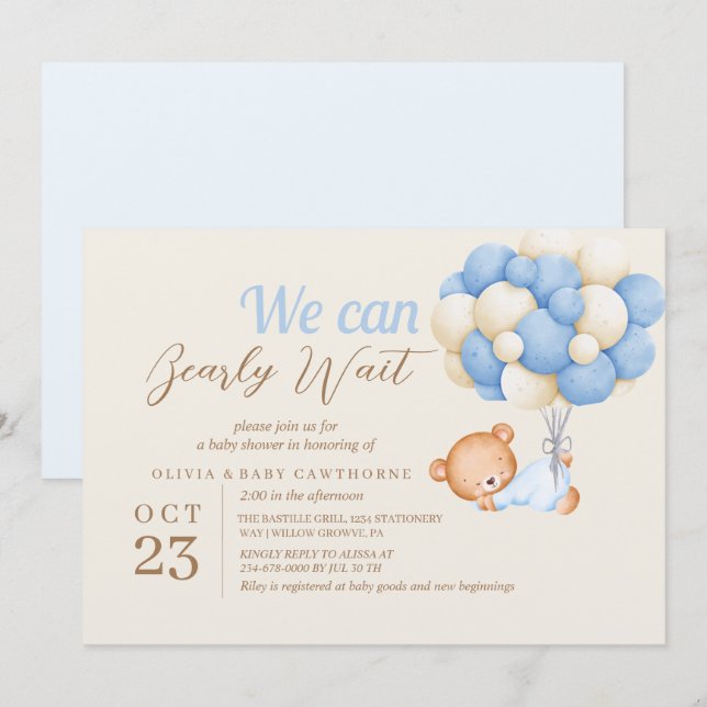 Teddy Bear Balloons Beige Baby Boy Dusche Einladung (Vorne/Hinten)