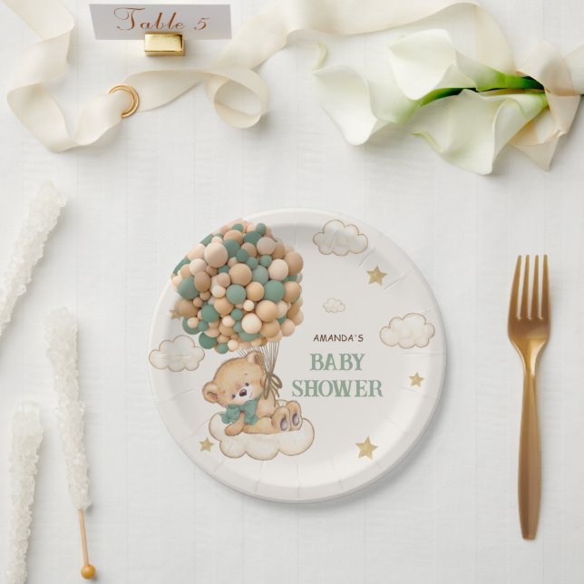 Teddy Bear Balloons Beige Green Baby Dusche Pappteller (Hochzeit)