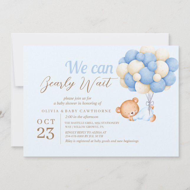 Teddy Bear Balloons Blue Baby Boy Dusche Einladung (Vorderseite)