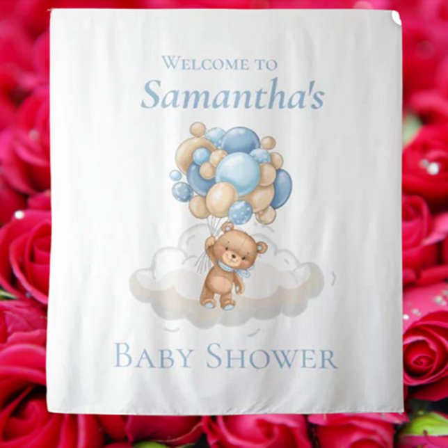 Teddy Bear Balloons Blue Baby Dusche Hintergrund Wandteppich (Decorating with a teddy bear backdrop opens up so many fun possibilities!)
