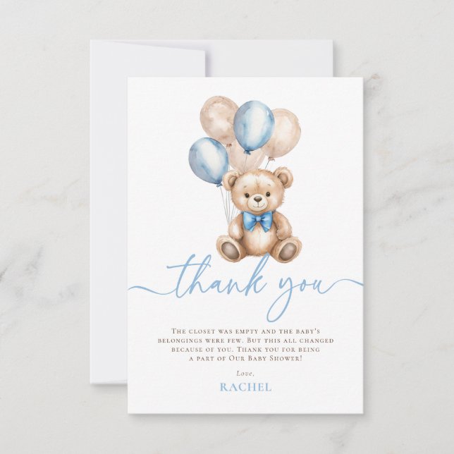 Teddy Bear Balloons Blue Boy Baby Dusche Dankeskarte (Vorderseite)