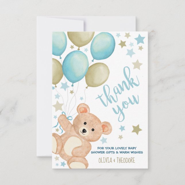 Teddy Bear Balloons Boy Baby Dusche Vielen Dank Mitteilungskarte (Vorderseite)