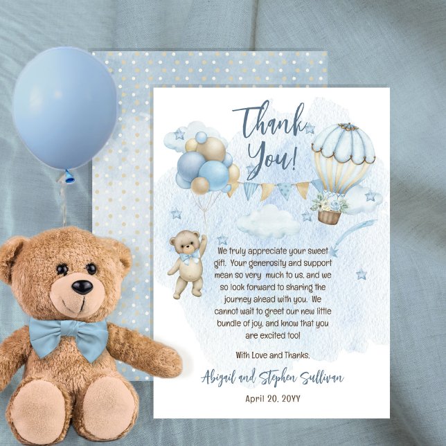Teddy Bear Balloons Boy Bearly Wait Baby Dusche Dankeskarte (Von Creator hochgeladen)